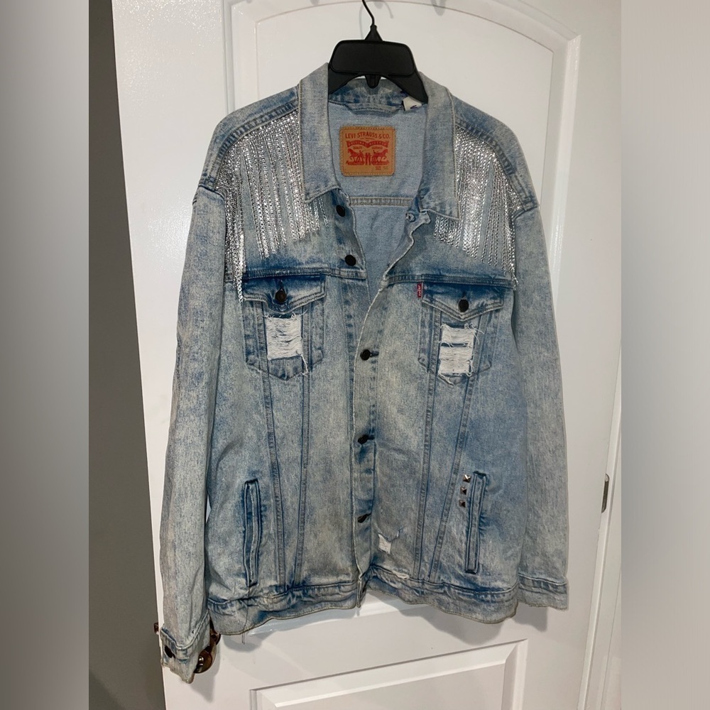 LEVIS Western rhinestone fringe trucker denim jean jacket 🪩 3XL Festival - Picture 2 of 14